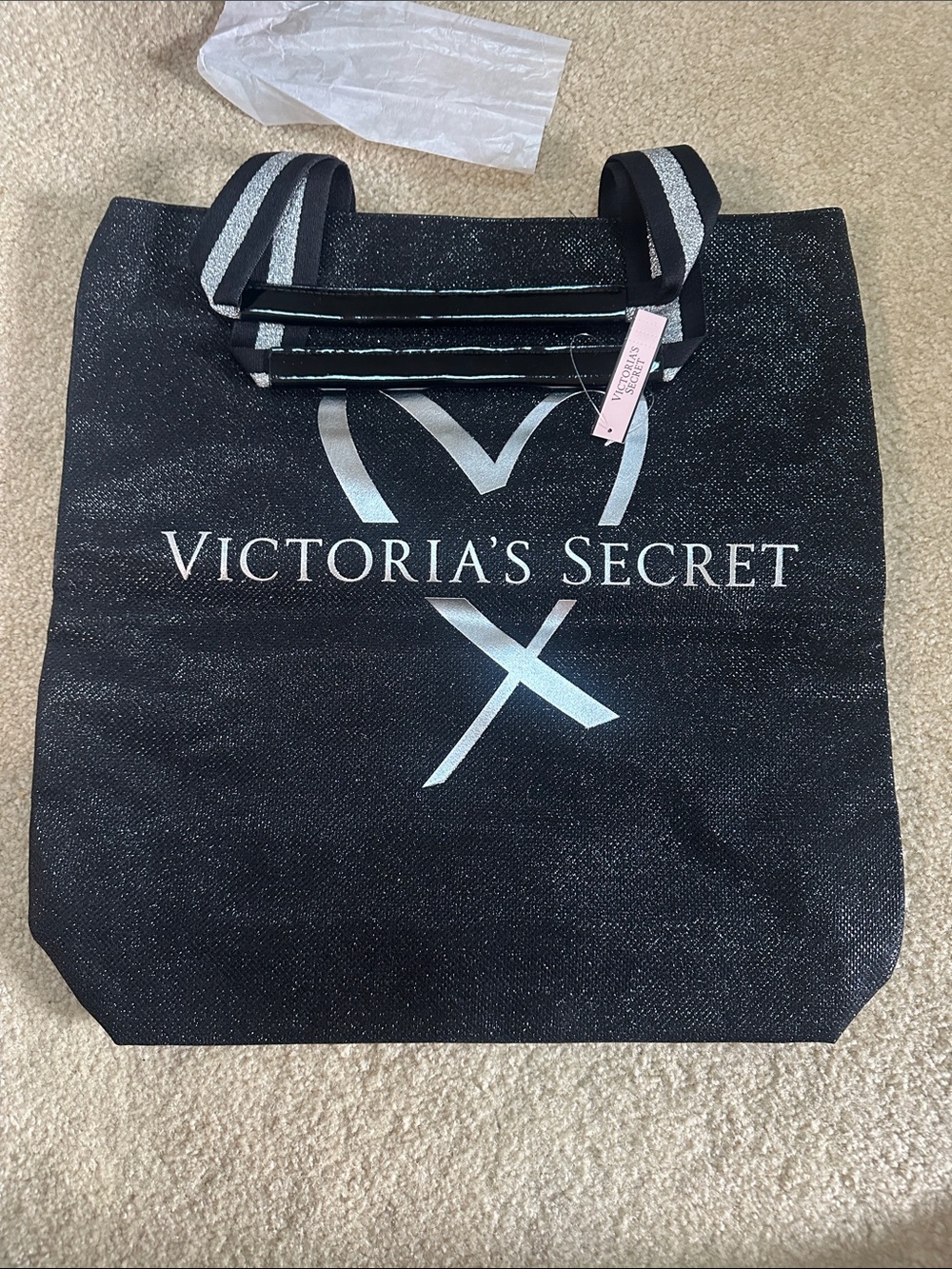 Victoria's Secret Black Glitter Tote with Silver-Trim Handles
